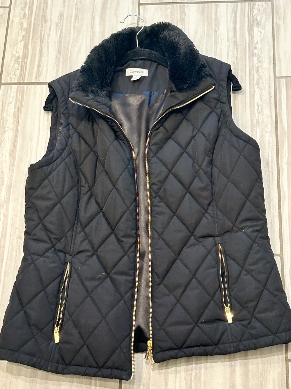 Calvin Klein Black Quilted Vest with Faux-Fur Collar and Gold Zippers